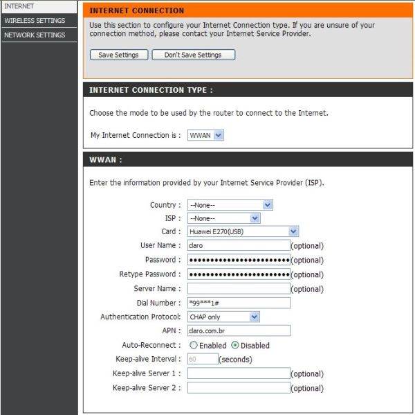 Configuração da conexão Internet