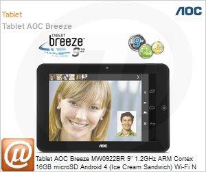 MW0922BR - Tablet AOC Breeze MW0922BR 9" 1.2GHz ARM Cortex 16GB microSD Android 4 (Ice Cream Sandwich) Wi-Fi N Bluetooth WebCam 5MP HDMI USB Desbloqueado