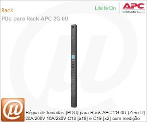 AP8858 - Rgua de tomadas [PDU] para Rack APC 220V Vertical com Medidores 16A Entrada C20 e Sadas [18x] C13 e [2x] C20