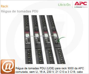 APDU9959EU3 - Rgua de tomadas PDU (UDE) para rack 9000 da APC comutada, sem U, 16 A, 230 V, 21 C13 e 3 C19, cabo IEC309 