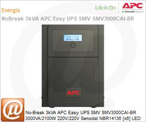 SMV3000CAI-BR - No-Break 3kVA APC Easy UPS SMV SMV3000CAI-BR 3000VA/2100W 220V/220V Senoidal NBR14136 [x6] LED Torre Garantia 2 Anos by Schneider Electric (Substitui SMC3000XLI-BR)