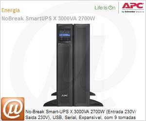 SMX3000HV-BR - No-Break APC Smart-UPS SMX3000HV-BR X 3000VA 2700W (Entrada 230V/ Saida 230V), USB, Serial, Expansivel, com 9 tomadas NBR 14136 by Schneider Electric