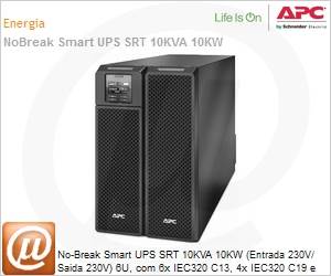 SRT10KXLI - No-Break APC Smart-UPS SRT10KXLI 10000VA 10KW (Entrada/Sada 230V) 6U com 6x IEC320 C13, 4x IEC320 C19 e hardwire three-wire (1 PH + N + G) Expansvel by Schneider Electric