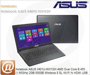90N4OA624801214Z16IU - Notebook ASUS X401U-WX112H AMD Dual Core E-450 (1.65GHz) 2GB 500GB Windows 8 SL Wi-Fi N HDMI USB 3.0 Radeon HD 6320
