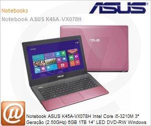 K45A-VX078H - Notebook ASUS K45A-VX078H Intel Core i5-3210M 3 Gerao (2.50GHz) 6GB 1TB 14" LED DVD-RW Windows 8 SL Wi-Fi N WebCam HDMI USB 3.0 Rosa