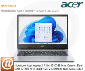 NX.AWBAL.00C - Notebook Acer Aspire 3 A314-35-C393 Intel Celeron Dual Core N4500 N (2,8GHz 4MB 2 Ncleos) 4GB 128GB SSD 14" Full HD Linux Wi-Fi 11ac