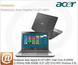 NX.M21AL.010 - Notebook Acer Aspire E1-571-6611 Intel Core i5-2450M (2.50GHz) 6GB 500GB 15,6" LED DVD-RW Windows 8 SL 64 Wi-Fi N WebCam HDMI Preto