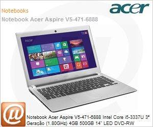 NX.M7GAL.001 - Notebook Acer Aspire V5-471-6888 Intel Core i5-3337U 3 Gerao (1.80GHz) 4GB 500GB 14" LED DVD-RW Windows 8 SL 64 WebCam Wi-Fi N HDMI USB 3.0 Prata