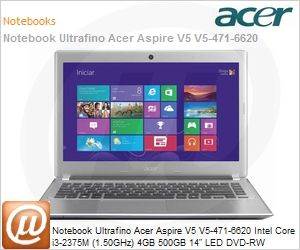 NX.M7GAL.002 - Notebook Ultrafino Acer Aspire V5 V5-471-6620 Intel Core i3-2375M (1.50GHz) 4GB 500GB 14" LED DVD-RW Windows 8 SL 64 Wi-Fi N HDMI WebCam USB 3.0