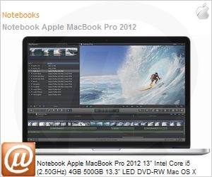 MD101BZ/A - Notebook Apple MacBook Pro 2012 13" Intel Core i5 (2.50GHz) 4GB 500GB 13.3" LED DVD-RW Mac OS X Mountain Lion Wi-Fi N Bluetooth FaceTime HD HDMI