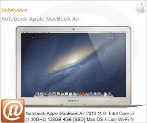 MD711BZ/A - Notebook Apple MacBook Air 2013 11.6" Intel Core i5 (1.30GHz) 128GB 4GB [SSD] Mac OS X Lion Wi-Fi N Bluetooth 4.0 FaceTime USB 3.0