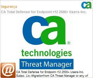 CATDE1207MIG3C - CA Total Defense for Endpoint r12 2500+ Users-Inc. Subsc. Lic.-Migrationfrom CA Threat Manager or any of the other CA Threat products. Prod. and 3Yr Maint.