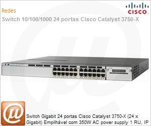 WS-C3750X-24T-S - Switch Gigabit 24 portas Cisco Catalyst 3750-X (24 x Gigabit) Empilhvel com 350W AC power supply 1 RU, IP Base feature set