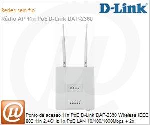 DAP-2360 - Ponto de acesso 11n PoE D-Link DAP-2360 Wireless IEEE 802.11n 2.4GHz 1x PoE LAN 10/100/1000Mbps + 2x antenas 5dBi