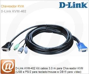 KVM-402 - D-Link KVM-402 Kit cabos 3.0 m para Chaveador KVM (USB e PS/2 para teclado/mouse e DB15 para video)