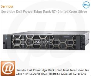 210-ALNH-43KV - Servidor Dell PowerEdge Rack R740 Intel Xeon Silver Ten Core 4114 (2.2GHz 10C) (1x proc.) 32GB 2x 1.2TB SAS DVD-RW 2x Fontes (sem sistema operacional)