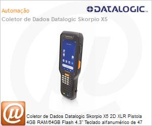 943500047 - Coletor de dados Datalogic Skorpio X5 2D XLR Pistola 4GB RAM/64GB Flash 4.3" Teclado alfanumrico de 47 teclas Android 10 802.11 a/b/g/n/ac Bluetooth V5 com Bateria estendida