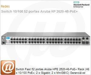 J9627A - Switch Fast 52 portas Aruba HP 2620-48-PoE+ Rack (48 x 10/100 PoE+; 2 x Gigabit; 2 x MiniGBIC) Gerencivel Empilhvel Layer 3/4 IPv6