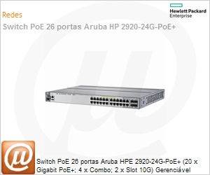 J9727A - Switch PoE 26 portas Aruba HP 2920-24G-PoE+ (20 x Gigabit PoE+; 4 x Combo; 2 x Slot 10G) Gerencivel Empilhvel L3