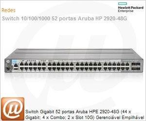 J9728A - Switch Gigabit 52 portas Aruba HP 2920-48G (44 x Gigabit; 4 x Combo; 2 x Slot 10G) Gerencivel Empilhvel L3