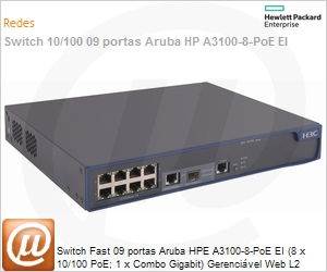 JD311A - Switch Fast 09 portas Aruba HPE A3100-8-PoE EI (8 x 10/100 PoE; 1 x Combo Gigabit) Gerencivel Web L2 SNMP IMC Voice VLAN Empilhvel