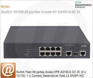 JD316A - Switch Fast 09 portas Aruba HPE A3100-8 DC EI (8 x 10/100; 1 x Combo) Gerencivel Web L2 SNMP IMC Voice VLAN Empilhvel