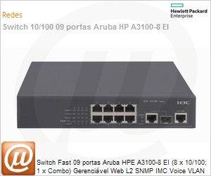 JD318A - Switch Fast 09 portas Aruba HPE A3100-8 EI (8 x 10/100; 1 x Combo) Gerencivel Web L2 SNMP IMC Voice VLAN Empilhvel