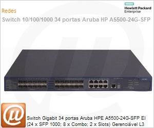 JD374A - Switch Gigabit 34 portas Aruba HPE A5500-24G-SFP EI (24 x SFP 1000; 8 x Combo; 2 x Slots) Gerencivel L3 Web SNMP IMC Voice VLAN Empilhvel IPv6