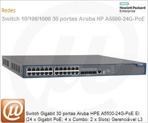 JD378A - Switch Gigabit 30 portas Aruba HPE A5500-24G-PoE EI (24 x Gigabit PoE; 4 x Combo; 2 x Slots) Gerencivel L3 Web SNMP IMC Voice VLAN Empilhvel IPv6