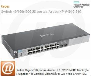 JE006A - Switch Gigabit 28 portas Aruba HPE V1910-24G Rack (24 x Gigabit; 4 x Combo) Gerencivel L2+ Web SNMP IMC Voice VLAN (Antigo 3Com 3CRBSG2893)