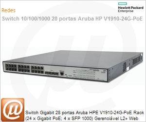JE007A - Switch Gigabit 28 portas Aruba HPE V1910-24G-PoE Rack (24 x Gigabit PoE; 4 x SFP 1000) Gerencivel L2+ Web SNMP IMC Voice VLAN (Antigo 3Com 3CRBSG28HPWR93)