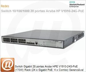 JE008A - Switch Gigabit 28 portas Aruba HPE V1910-24G-PoE (170W) Rack (24 x Gigabit PoE; 4 x Combo) Gerencivel L2+ Web SNMP IMC Voice VLAN (Ex 3CRBSG28PWR93)