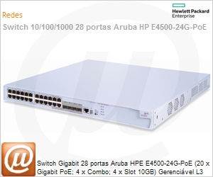 JE061A - Switch Gigabit 28 portas Aruba HPE E4500-24G-PoE (20 x Gigabit PoE; 4 x Combo; 4 x Slot 10GB) Gerencivel L3 Web SNMP IMC Voice VLAN Empilhvel IPv6 (Antigo 3Com 3CR17771-91)