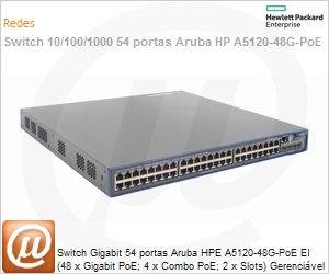JE071A - Switch Gigabit 54 portas Aruba HPE A5120-48G-PoE EI (48 x Gigabit PoE; 4 x Combo PoE; 2 x Slots) Gerencivel L3 Web SNMP IMC Voice VLAN Empilhvel