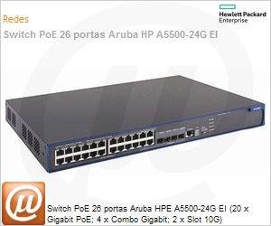 JG241A - Switch PoE 26 portas Aruba HPE A5500-24G EI (20 x Gigabit PoE; 4 x Combo Gigabit; 2 x Slot 10G) Gerencivel L3 Web SNMP IMC Voice VLAN Empilhvel IPv6