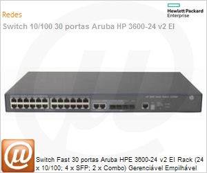 JG299A - Switch Fast 30 portas Aruba HPE 3600-24 v2 EI Rack (24 x 10/100; 4 x SFP; 2 x Combo) Gerencivel Empilhvel Layer 3 IPv6