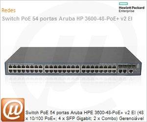 JG302A - Switch PoE 54 portas Aruba HPE 3600-48-PoE+ v2 EI (48 x 10/100 PoE+; 4 x SFP Gigabit; 2 x Combo) Gerencivel Empilhvel Layer 3/4 IPv6