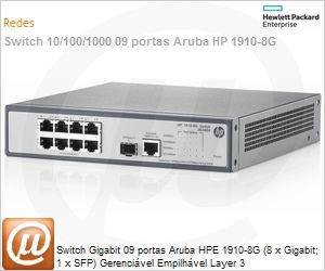 JG348A - Switch Gigabit 09 portas Aruba HPE 1910-8G (8 x Gigabit; 1 x SFP) Gerencivel Empilhvel Layer 3