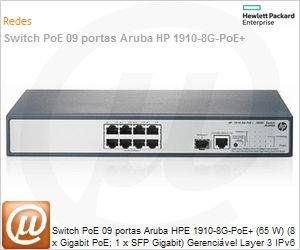 JG349A - Switch PoE 09 portas Aruba HPE 1910-8G-PoE+ (65 W) (8 x Gigabit PoE; 1 x SFP Gigabit) Gerencivel Layer 3 IPv6