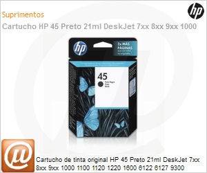 51645GL - Cartucho de tinta original HP 45 Preto 21ml DeskJet 7xx 8xx 9xx 1000 1100 1120 1220 1600 6122 6127 9300 Offcejet gxx kxx rxx txx 1150 1170 1175 Photosmart p1000 p11xx 12xx 1315