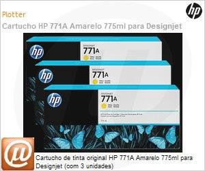 B6Y42A - Cartucho de tinta original HP 771A Amarelo 775ml para Designjet (com 3 unidades)