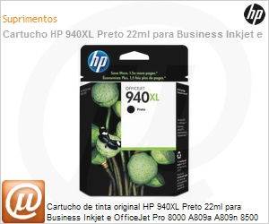 C4906AL - Cartucho de tinta original HP 940XL Preto 22ml para Business Inkjet e OfficeJet Pro 8000 A809a A809n 8500 A909a A909g Premier A909n 8500A A910a 8500A Plus A910g Premium A910n