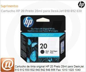 C6614D - Cartucho de tinta original HP 20 Preto 28ml para DeskJet 610 612 630 632 640 642 648 656 Fax 1010 1020 1040 1050