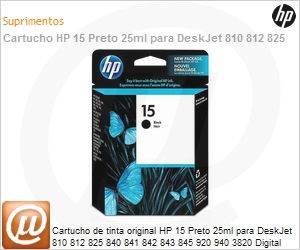C6615DL - Cartucho de tinta original HP 15 Preto 25ml para DeskJet 810 812 825 840 841 842 843 845 920 940 3820 Digital Copier 310 PSC 500 750 950 OfficeJet v40 5110