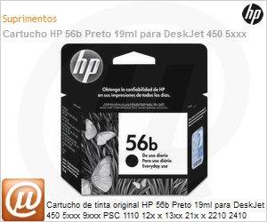 C6656BB - Cartucho de tinta original HP 56b Preto 19ml para DeskJet 450 5xxx 9xxx PSC 1110 12x x 13xx 21x x 2210 2410 2510 Offcejet 4110 4215 4255 5505 5510 5605 5610 6110 Photosmart 7xxx