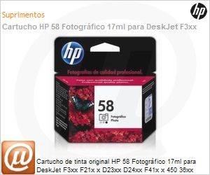C6658AL - Cartucho de tinta original HP 58 Fotogrfico 17ml para DeskJet F3xx F21x x D23xx D24xx F41x x 450 36xx 38xx 5xxx 96xx PSC 13xx 21x x 2x xx Offcejet 42x x 56xx 6110 Photosmart 7xxx