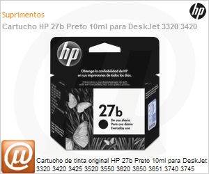 C8727BB - Cartucho de tinta original HP 27b Preto 10ml para DeskJet 3320 3420 3425 3520 3550 3620 3650 3651 3740 3745 3747 3843 3845 3847 PSC 1311 1315 Offcejet 4315 5605 5610