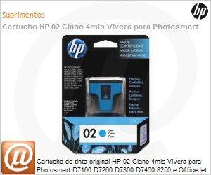 C8771WL - Cartucho de tinta original HP 02 Ciano 4mls Vivera para Photosmart D7160 D7260 D7360 D7460 8250 e OfficeJet 3210 3310 C5180 C6280 C6180 C7280 C7180 C8180