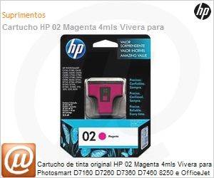C8772WL - Cartucho de tinta original HP 02 Magenta 4mls Vivera para Photosmart D7160 D7260 D7360 D7460 8250 e OfficeJet 3210 3310 C5180 C6280 C6180 C7280 C7180 C8180