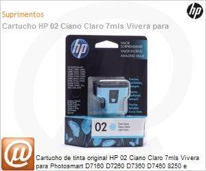 C8774WL - Cartucho de tinta original HP 02 Ciano Claro 7mls Vivera para Photosmart D7160 D7260 D7360 D7460 8250 e OfficeJet 3210 3310 C5180 C6280 C6180 C7280 C7180 C8180